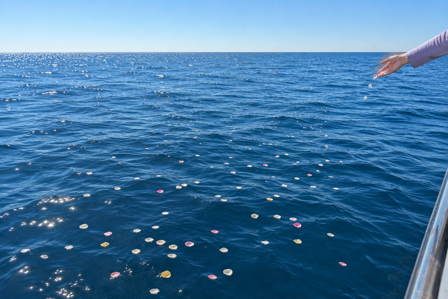 海洋散骨で故人を見送る様子
