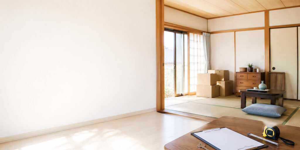 家具と段ボールが残る空き家の室内